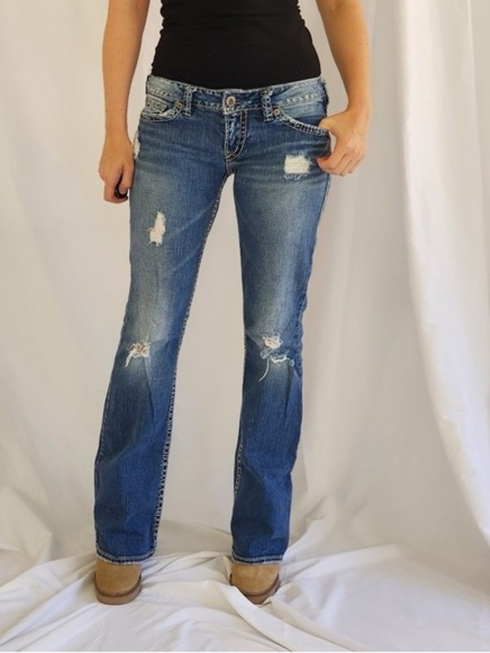 Silver Jeans Distressed Blue Bootcut Jeans Pioneer style Size 14 Length 28 - Picture 7 of 9
